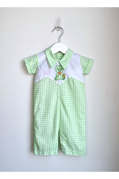 Vintage Lime Green Gingham Jumpsuit w/Cute Bear - Approx Size 9-12 mos.