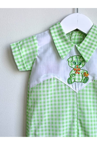 Vintage Lime Green Gingham Jumpsuit w/Cute Bear - Approx Size 9-12 mos.