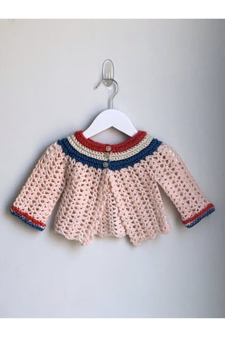 Vintage Pretty in Pink Crochet Sweater w/Striped Details - Approx size 6-9 mos