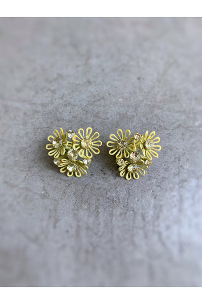 Mod Pastel Yellow Flower Power Clip On Earrings w/Stones