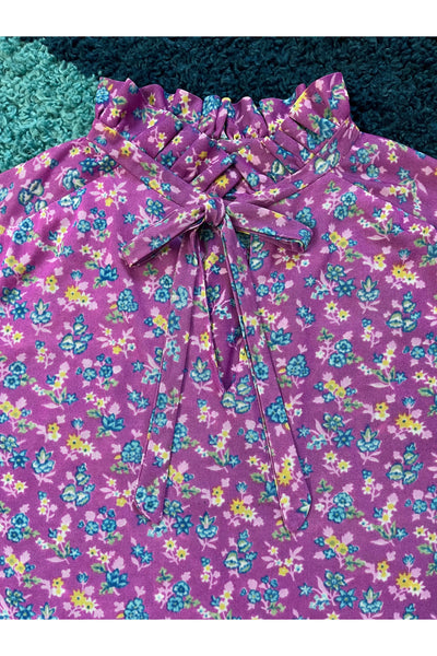 Vintage 70s Floral Ruffle Tie Neck Top