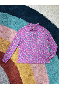 Vintage 70s Floral Ruffle Tie Neck Top
