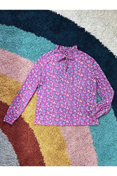 Vintage 70s Floral Ruffle Tie Neck Top