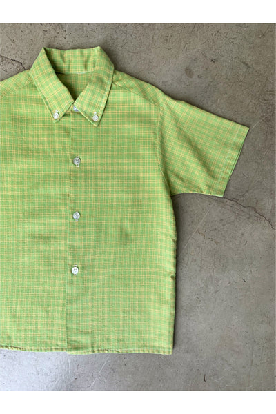Vintage 70’s Pea Green Grid Print Button Up - Approx Size 6 or 7