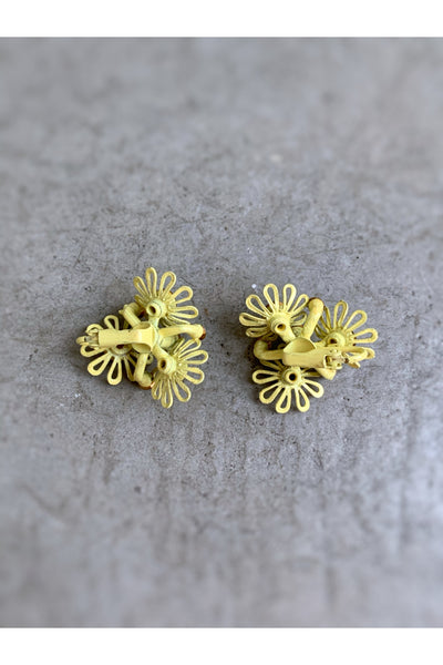 Mod Pastel Yellow Flower Power Clip On Earrings w/Stones
