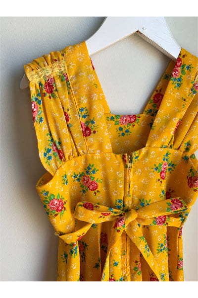 Vintage ~70’s Yellow Floral Sundress w/Lace Details - Approx Size 4-6