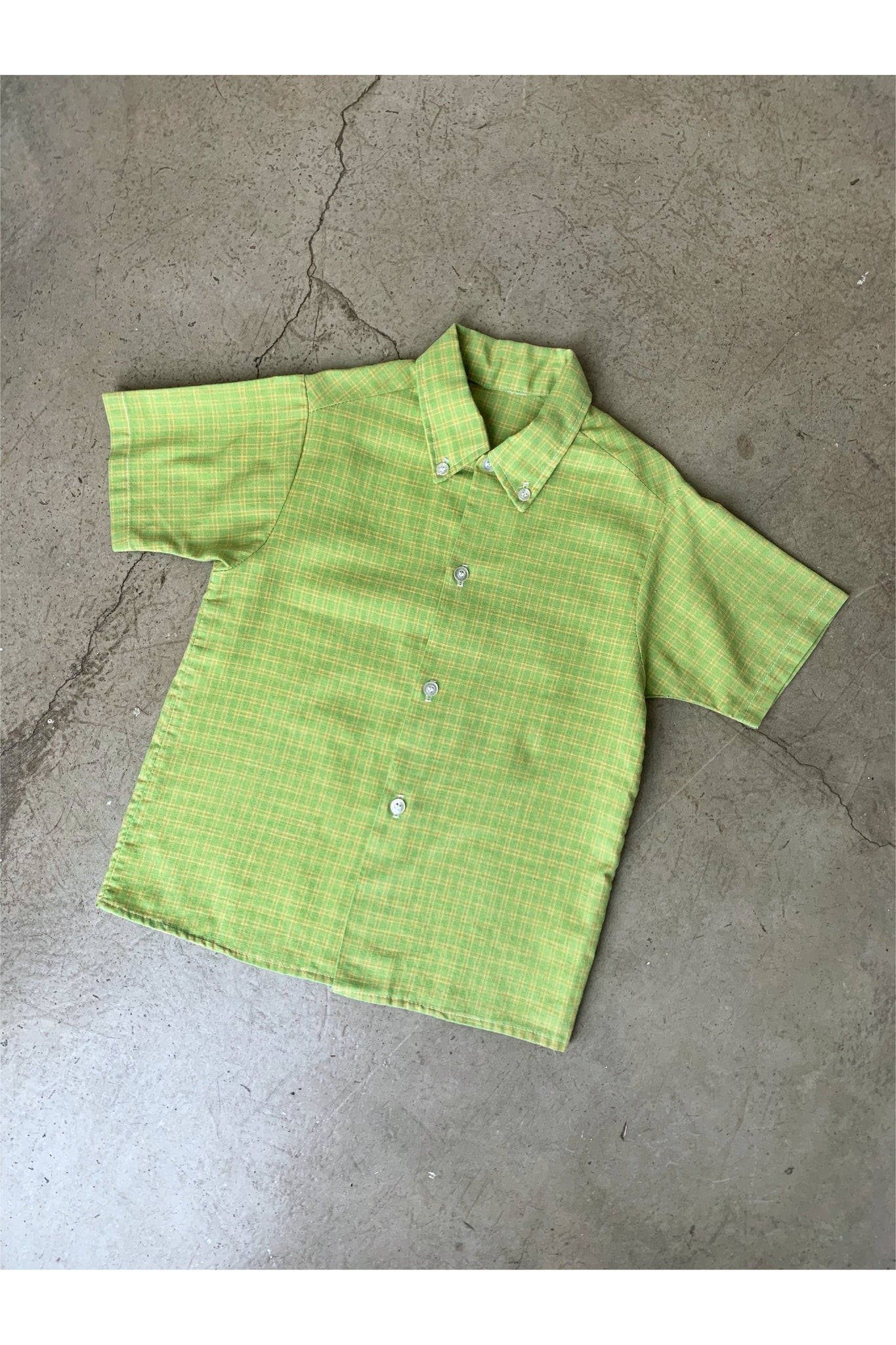 Vintage 70’s Pea Green Grid Print Button Up - Approx Size 6 or 7